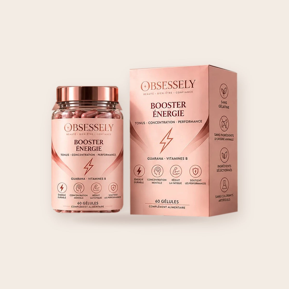 Booster Énergie OBSESSELY, pot de gélules et sa boîte