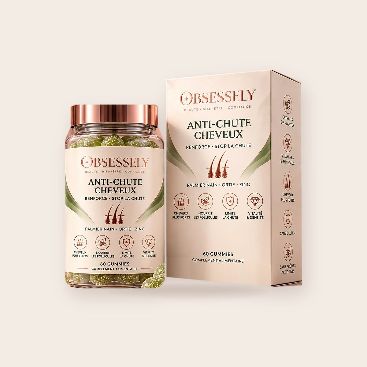 Anti-Chute Cheveux OBSESSELY, pot de 60 gummies et sa boîte