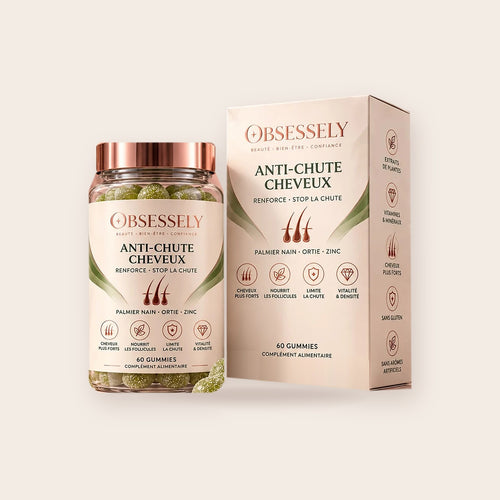 Anti-Chute Cheveux OBSESSELY, pot de 60 gummies et sa boîte