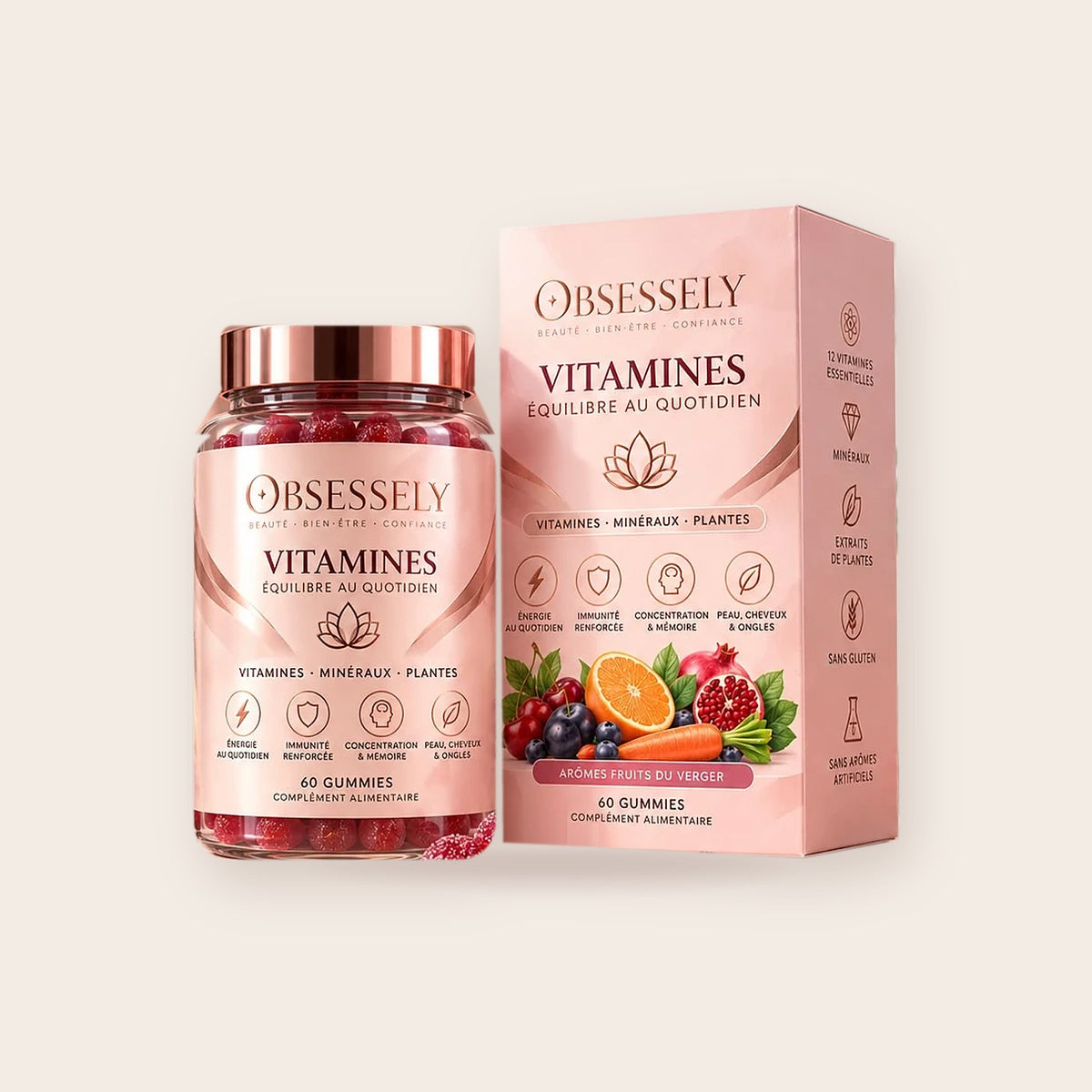 Vitamines OBSESSELY, pot de 60 gummies et sa boîte